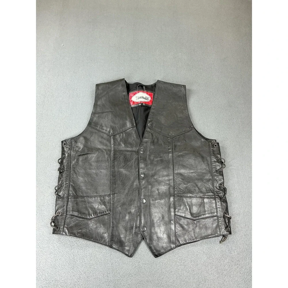 Route 66 Vest Mens 44 Black Leather‎ Lace Up Side Biker Motorcycle Snap Front